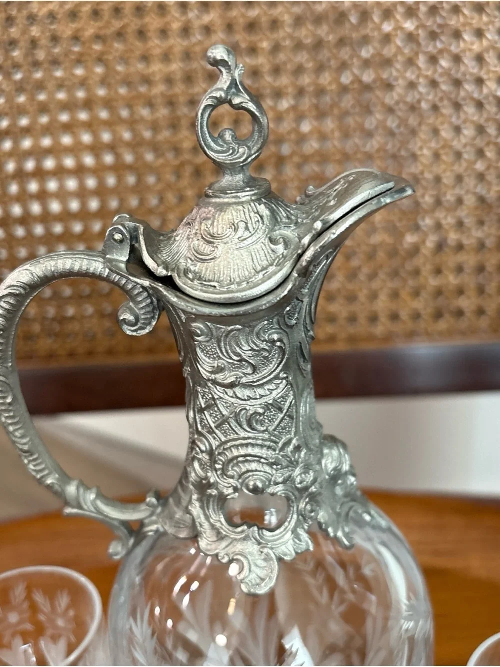 Vintage Peltro Claret Crystal Jug? W/ Pewter. 95% 3 Small Glasses—Italy— barware